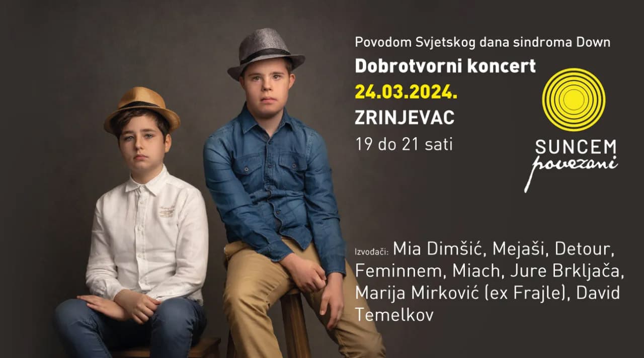 U nedjelju 24. ožujka u zagrebačkom parku Zrinjevac održat će se besplatni koncert “Suncem povezani” u trajanju od 19 do 21 sat kojim će se obilježiti Svjetski dan sindroma Down