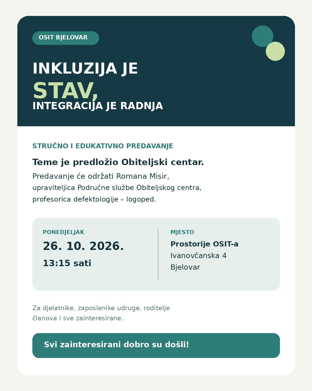 „Inkluzija je stav, integracija je radnja“: predavanje u OSIT-u Bjelovar